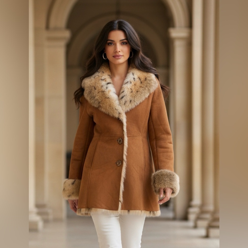 Elegant Tan Fur-Trimmed Women's Coat